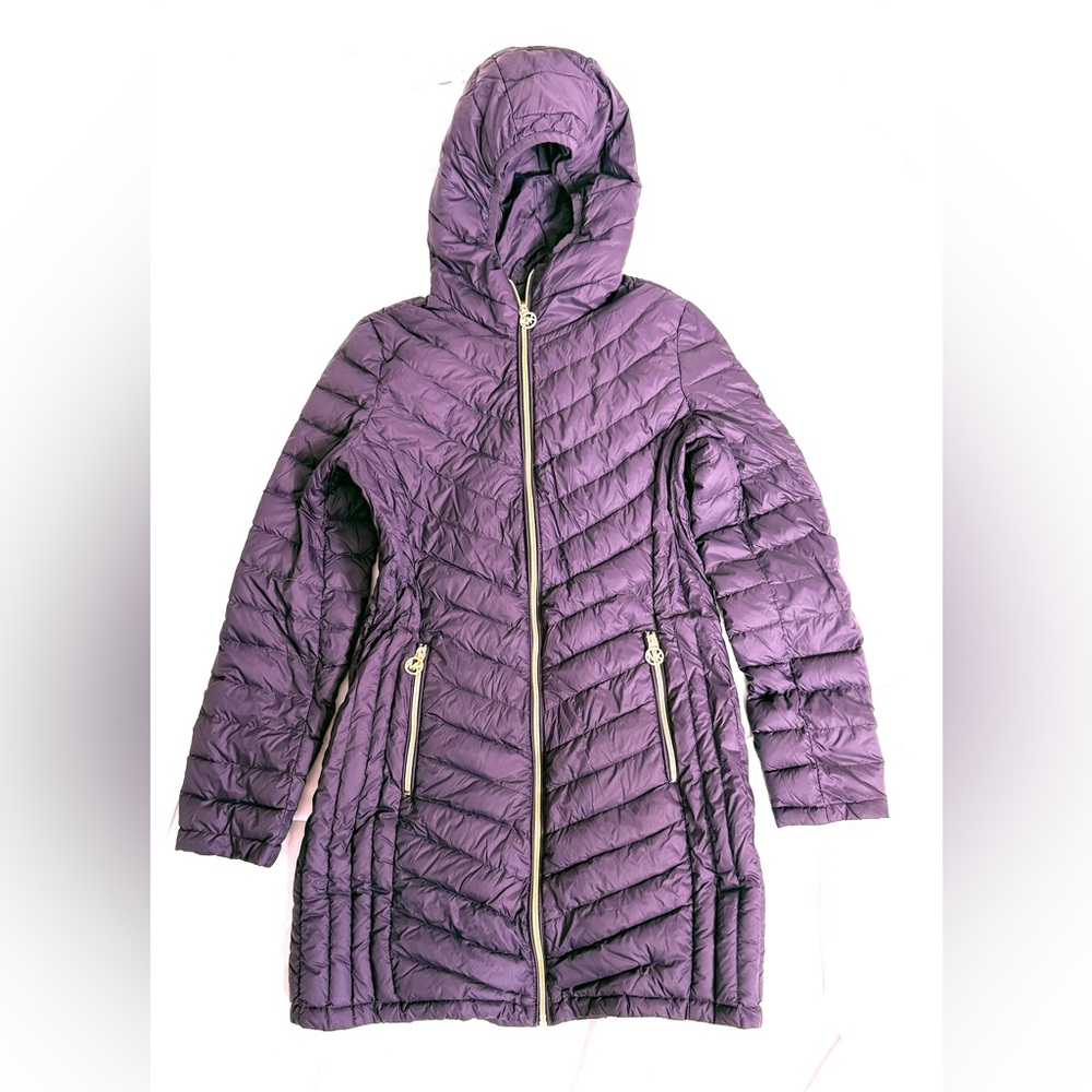 Michael Kors Women Size XS Purple Puffer Coat Calf Length Hood Machine Wash Gold
